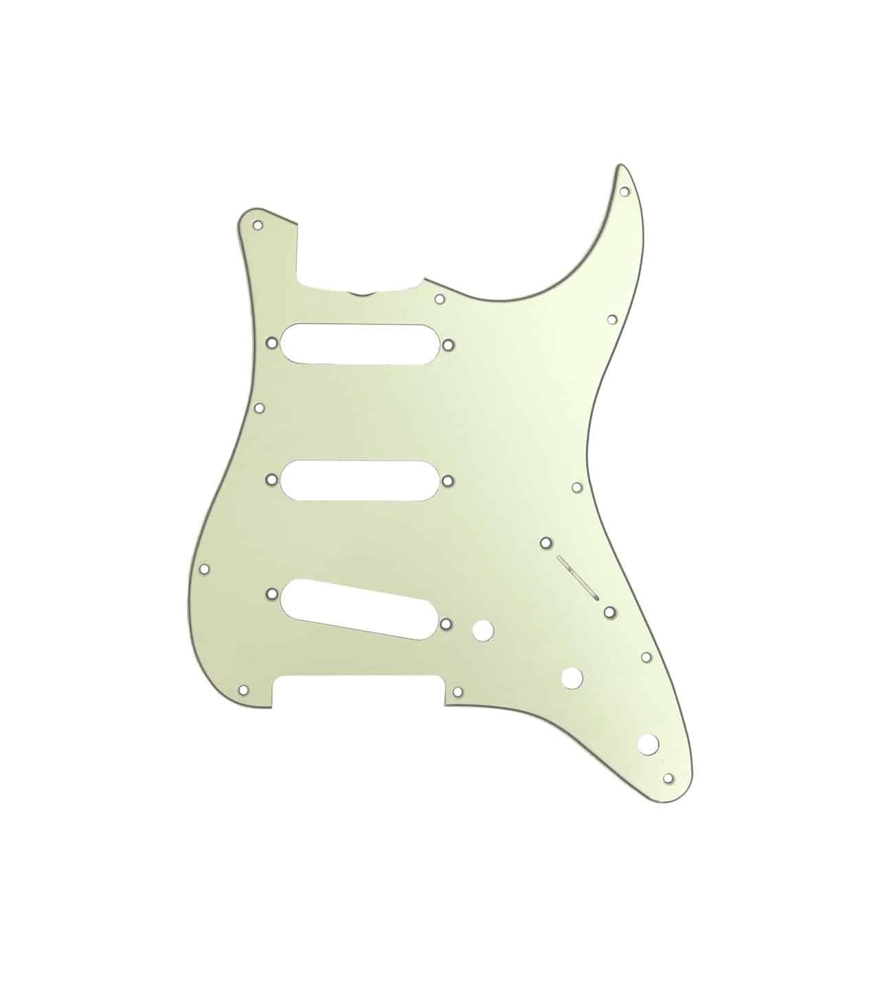 Mint ivory vintage style guitar pickguard with three pickup slots and multiple mounting holes.