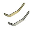 Two metal L-shaped brackets in gold and silver with slotted openings and countersunk holes.