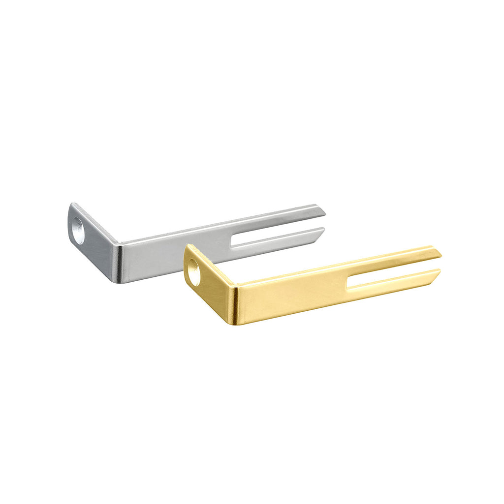 Two metal L-shaped bracket pieces, one silver and one gold, each with a hole and a slot.