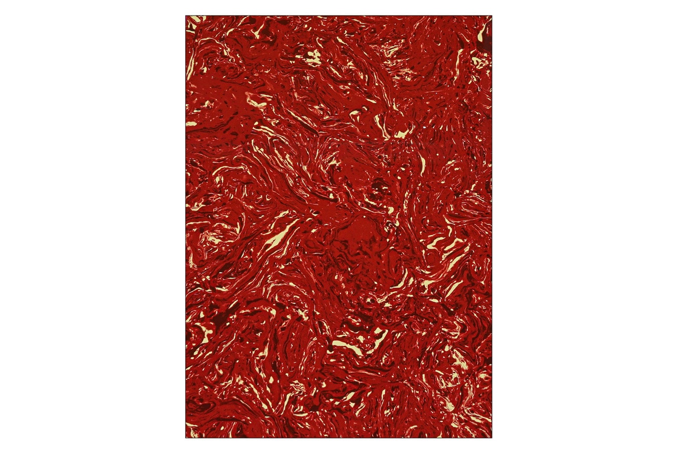 Red and off-white swirled plastic sheet with black details, displayed flat.