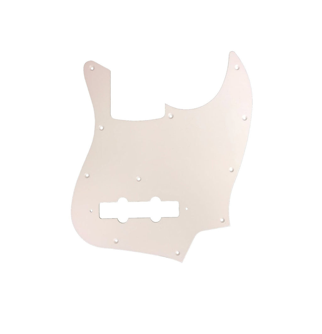 White plastic pickguard with cutouts for pickups and mounting screws.