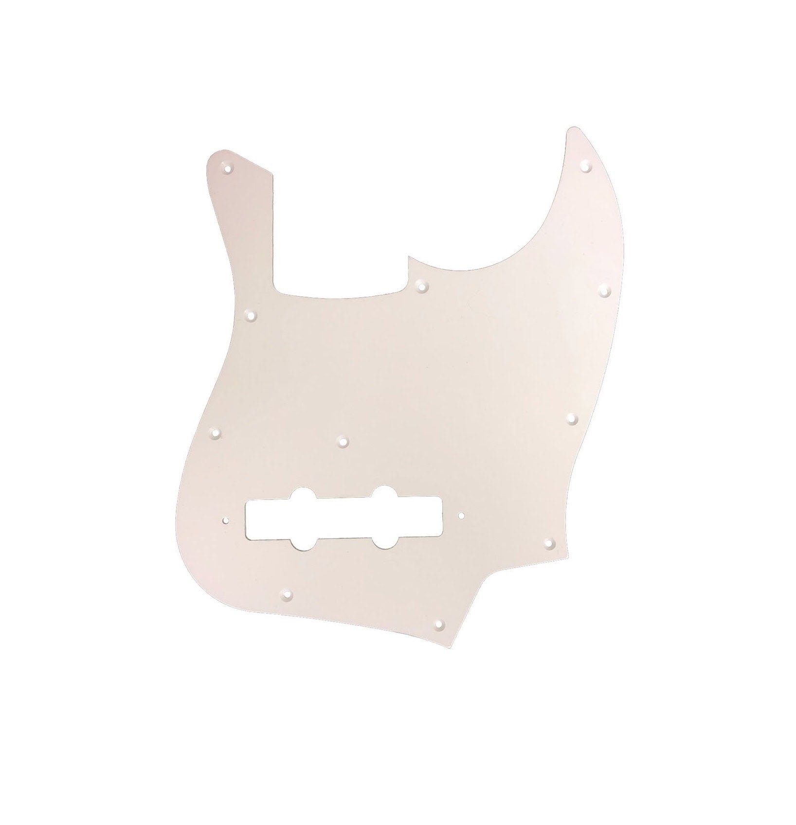 White plastic pickguard with cutouts for pickups and mounting screws.