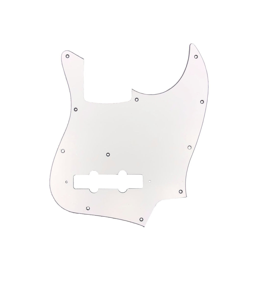 White 3-ply pickguard for a bass guitar with screw holes and pickup cutouts.