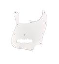 White 3-ply pickguard for a bass guitar with screw holes and pickup cutouts.