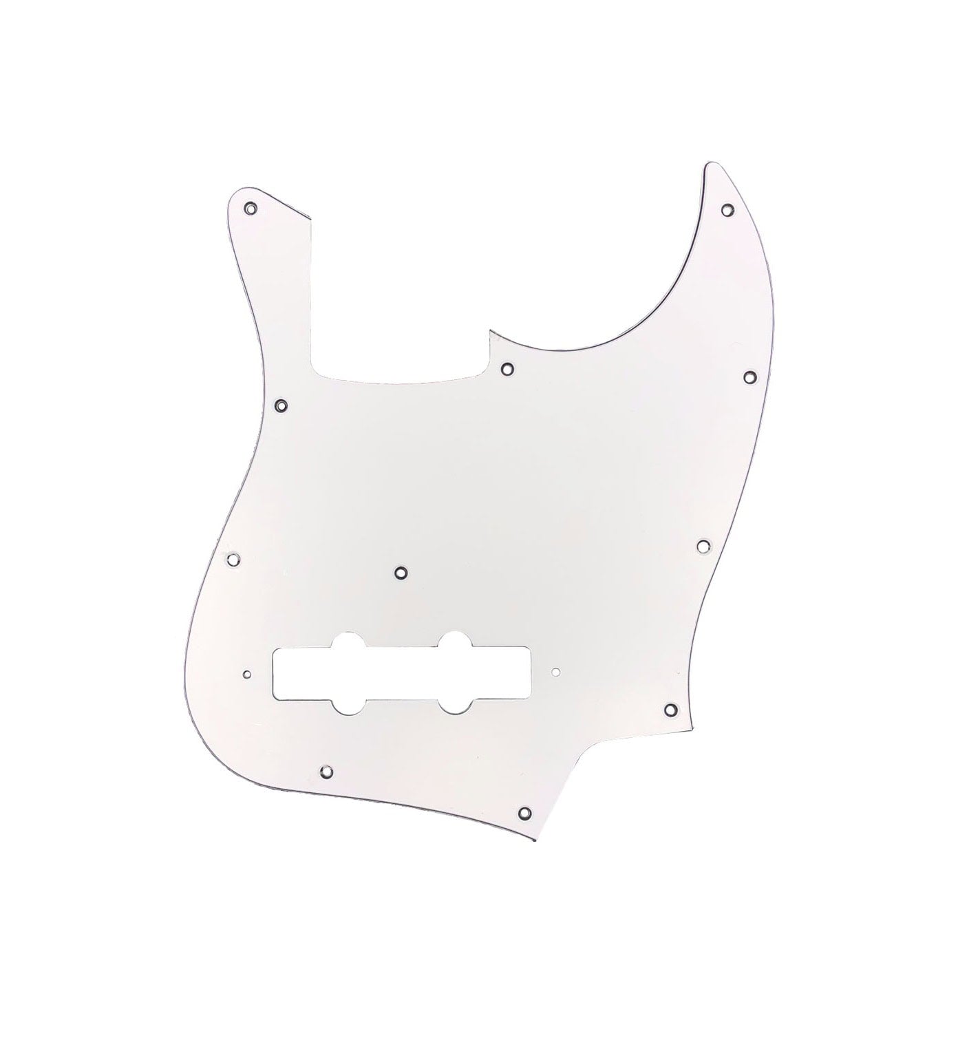 White 3-ply pickguard for a bass guitar with screw holes and pickup cutouts.