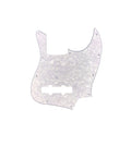 Pearl white three-ply guitar pickguard with screw holes and cutouts on a white background.