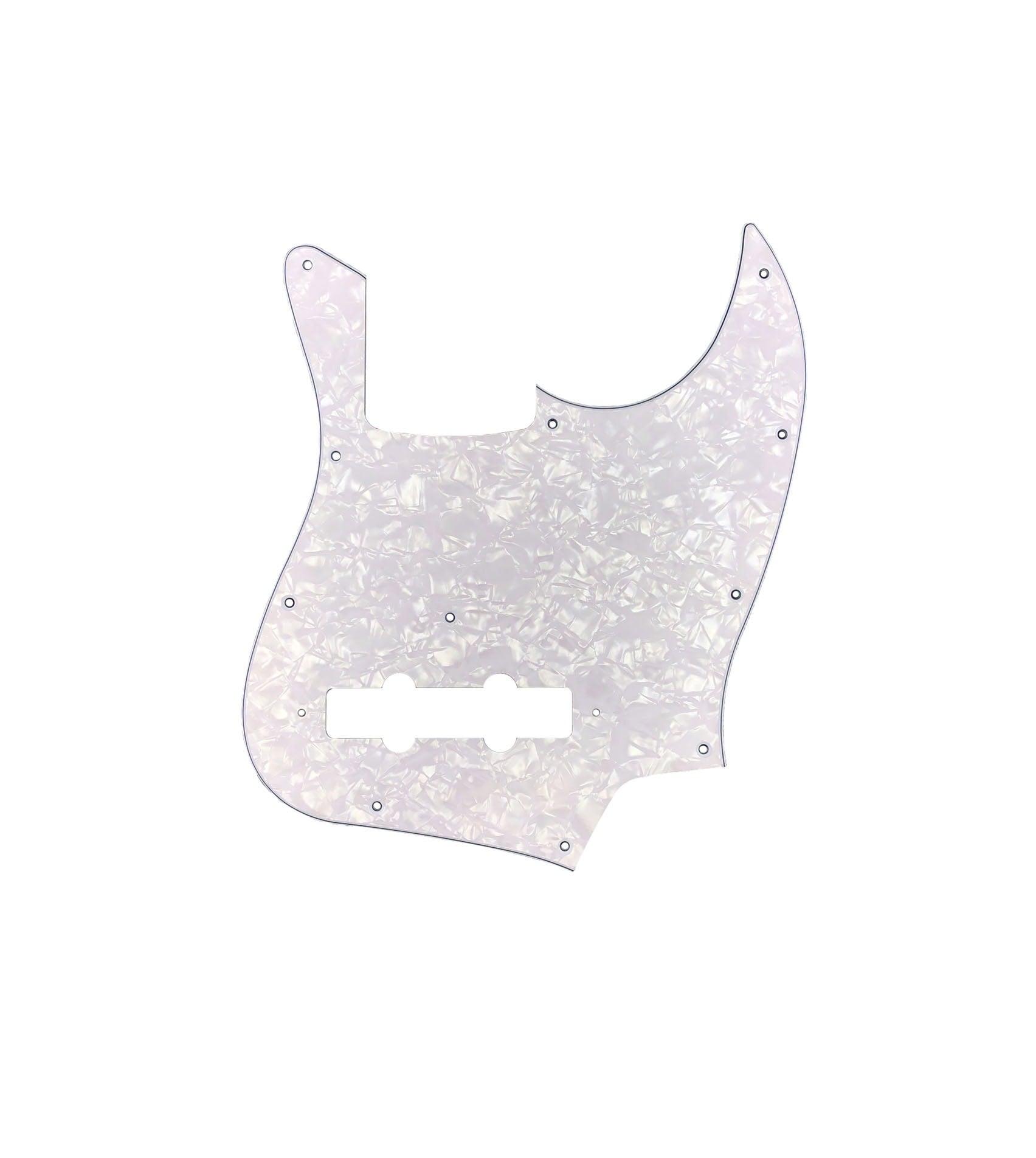 Pearl white three-ply guitar pickguard with screw holes and cutouts on a white background.