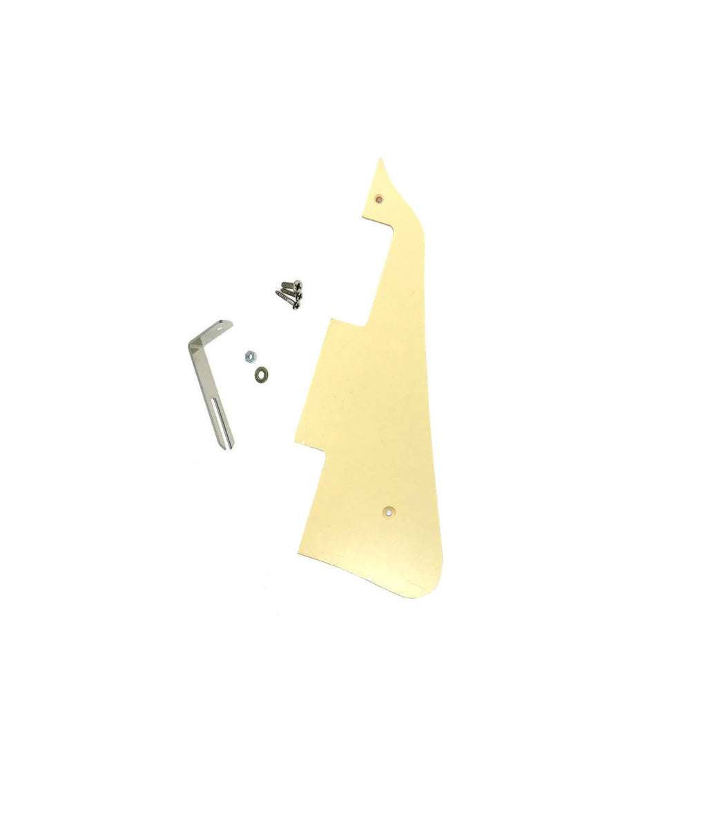Ivory-colored guitar pickguard with metal bracket, screws, washer, and nut on a white background.