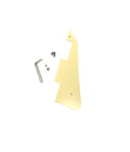 Ivory-colored guitar pickguard with metal bracket, screws, washer, and nut on a white background.