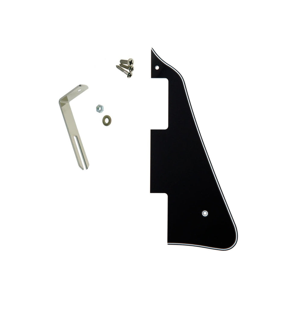 Black LP-style 3-ply pickguard with white edges, metal bracket, screws, washer, and nut on a white background.