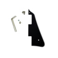Black LP-style 3-ply pickguard with white edges, metal bracket, screws, washer, and nut on a white background.