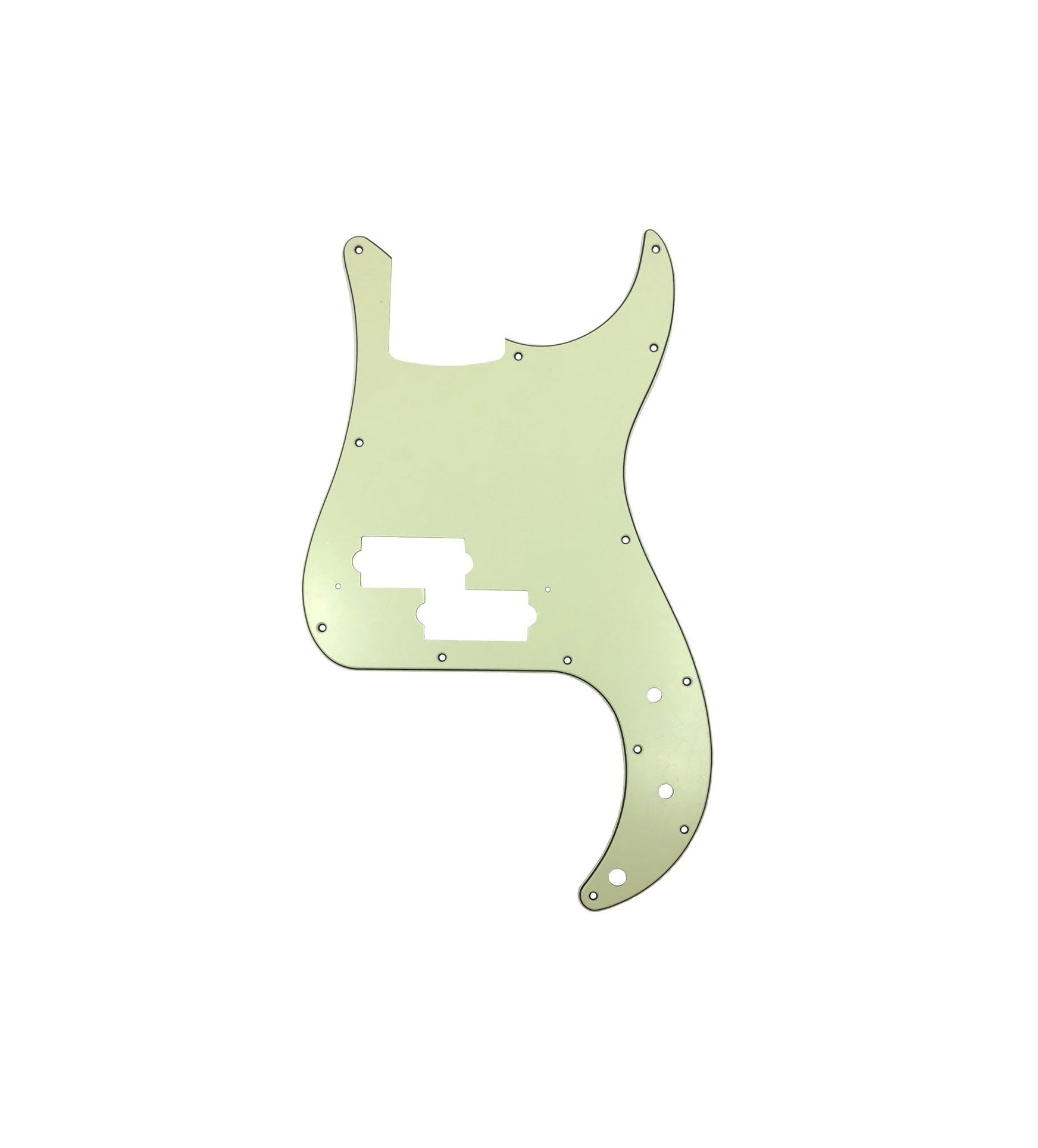 Mint green 3-ply guitar pickguard with multiple screw holes and pickup cutouts shown on white background.