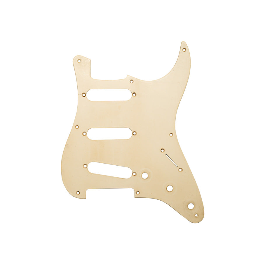 Off-white single-ply guitar pickguard with eight screw holes and three pickup slots.