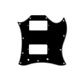 Black guitar pickguard with white edges and two rectangular pickup cutouts.