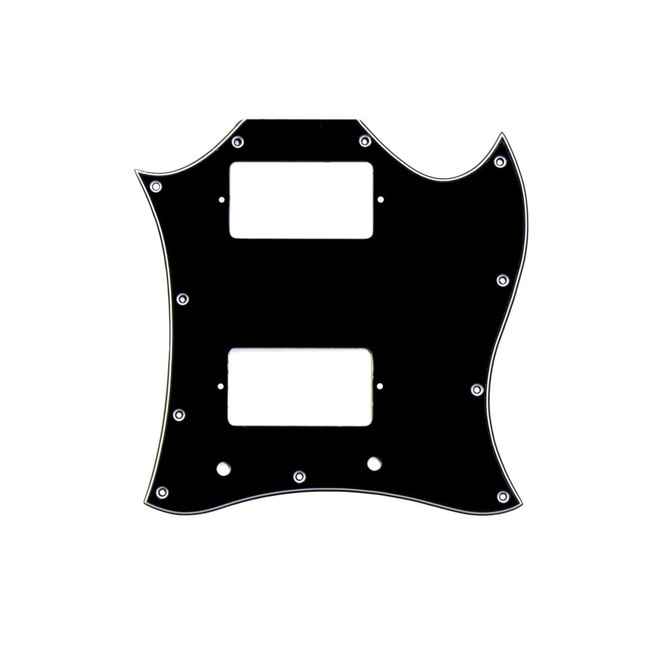 Black guitar pickguard with white edges and two rectangular pickup cutouts.