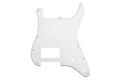 A white and black pickguard for a guitar with multiple mounting holes and cutouts.