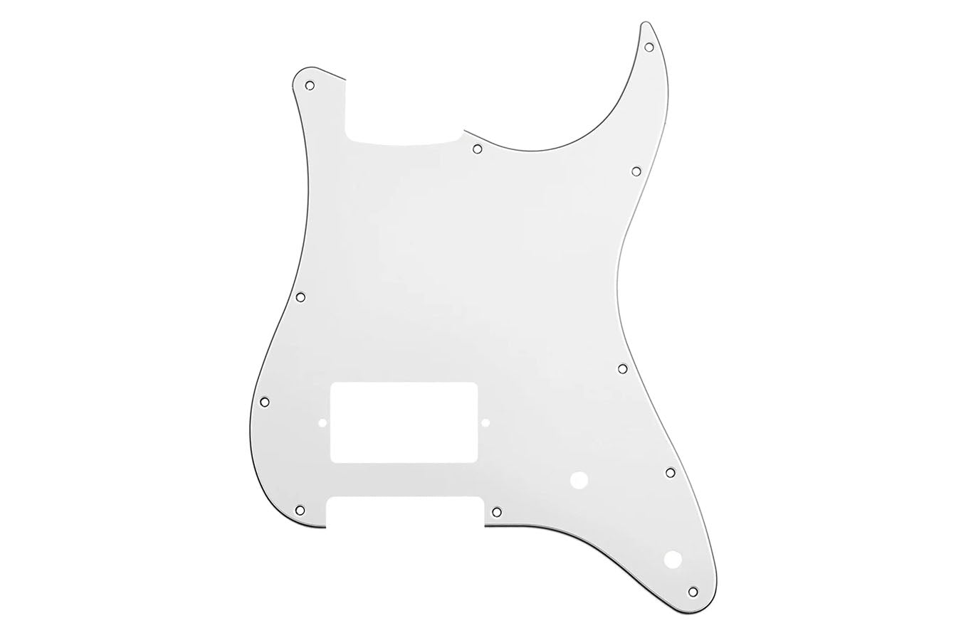 A white and black pickguard for a guitar with multiple mounting holes and cutouts.