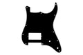 Black guitar pickguard with white outline and multiple screw holes, shown on a white background.