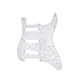 White pearl patterned guitar pickguard with 11 holes and three pickup cutouts.