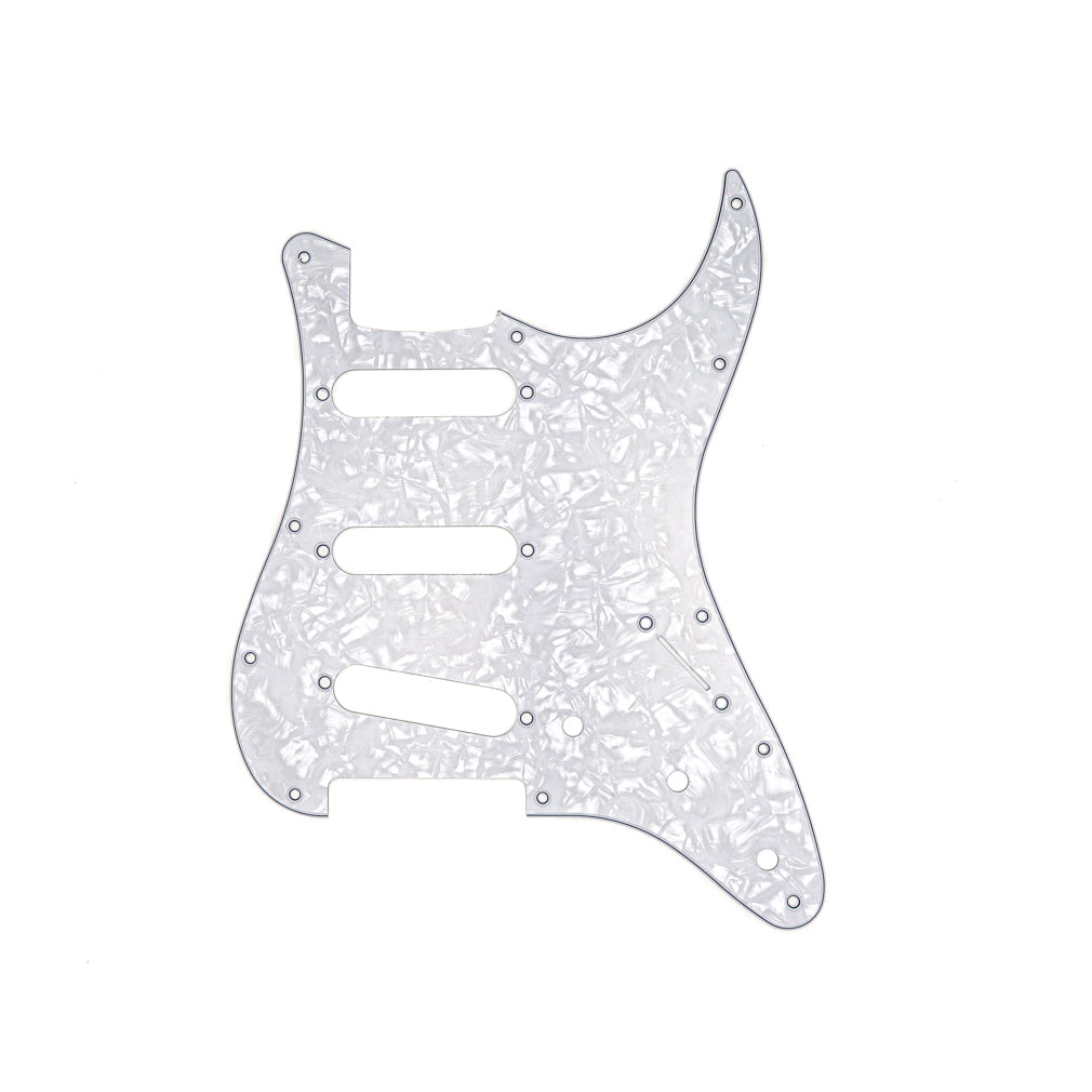 White pearl patterned guitar pickguard with 11 holes and three pickup cutouts.