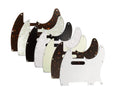 Eight guitar pickguards in varying colors and patterns arranged in a staggered row.