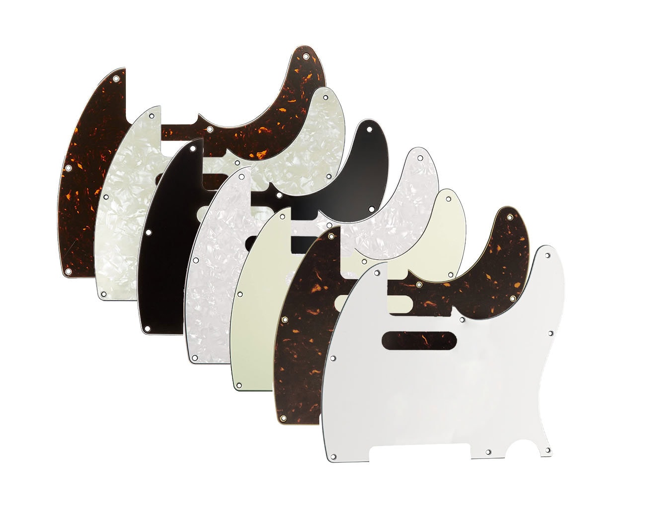 Eight guitar pickguards in varying colors and patterns arranged in a staggered row.