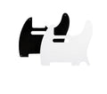 One black and one white five-hole guitar pickguard arranged overlapping on a white background.