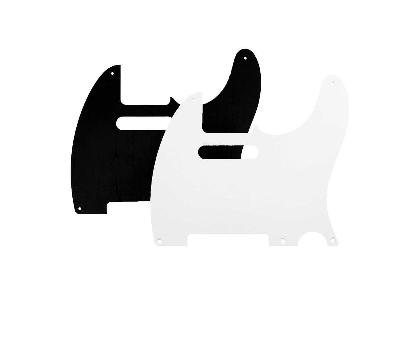 One black and one white five-hole guitar pickguard arranged overlapping on a white background.