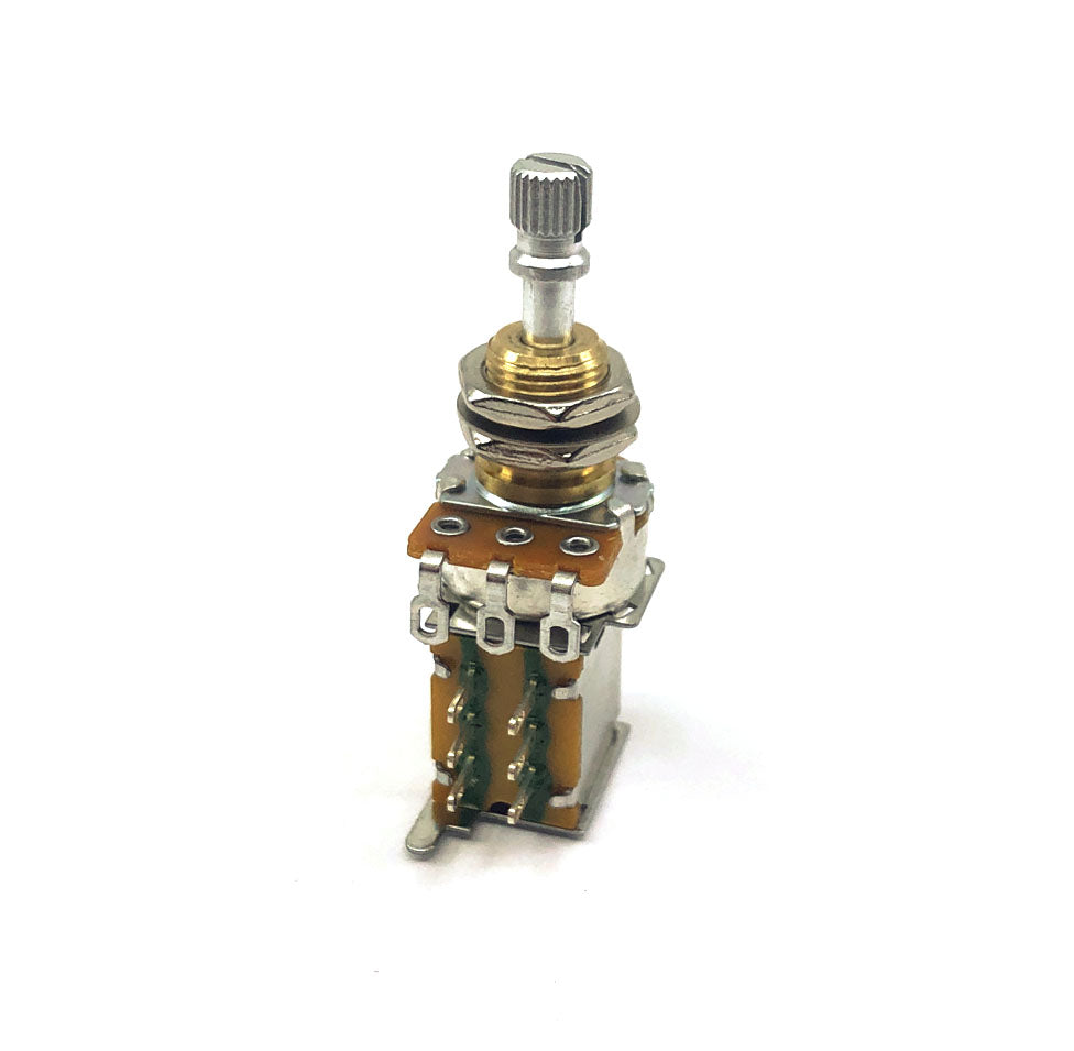 A standalone rotary potentiometer with metal shaft and multiple solder lugs on a white background.