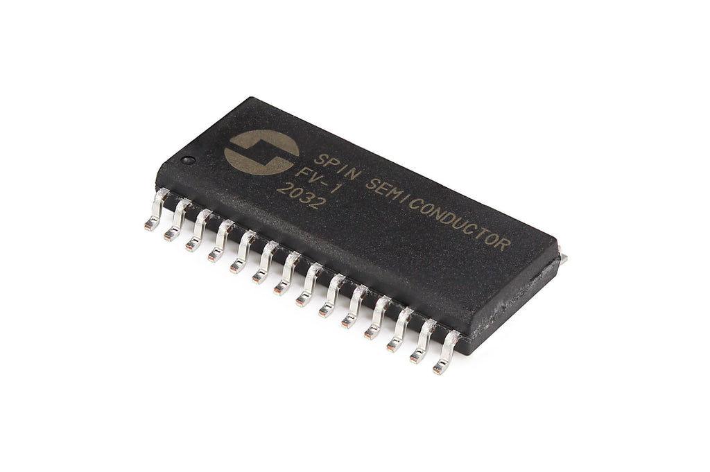 Black integrated circuit chip labeled SPIN SEMICONDUCTOR FV-1 with two rows of metal pins.