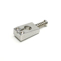 Silver metal guitar saddle with two screws and a spring screw on a white background.