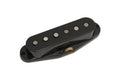Black single-coil guitar pickup with six round pole pieces on a white background.