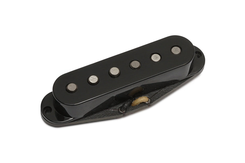 Black single coil guitar pickup with six metal pole pieces on a white background.