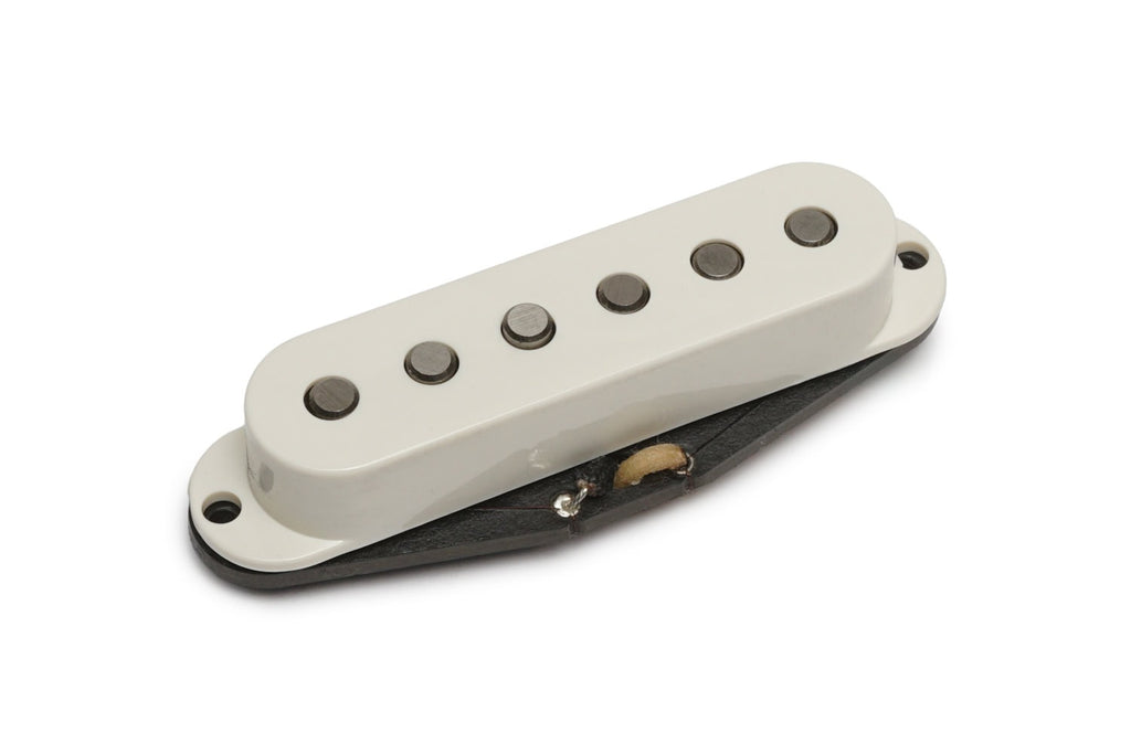 White guitar pickup with five metal pole pieces on a black base plate photographed on a white background.