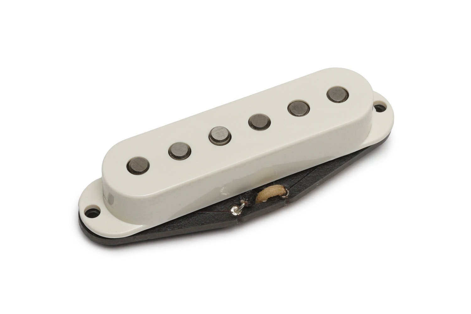 White guitar pickup with five metal pole pieces on a black base plate photographed on a white background.