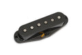 Black guitar pickup with six silver pole pieces on a white background.