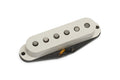 White single-coil electric guitar pickup with six metal pole pieces and attached wiring.