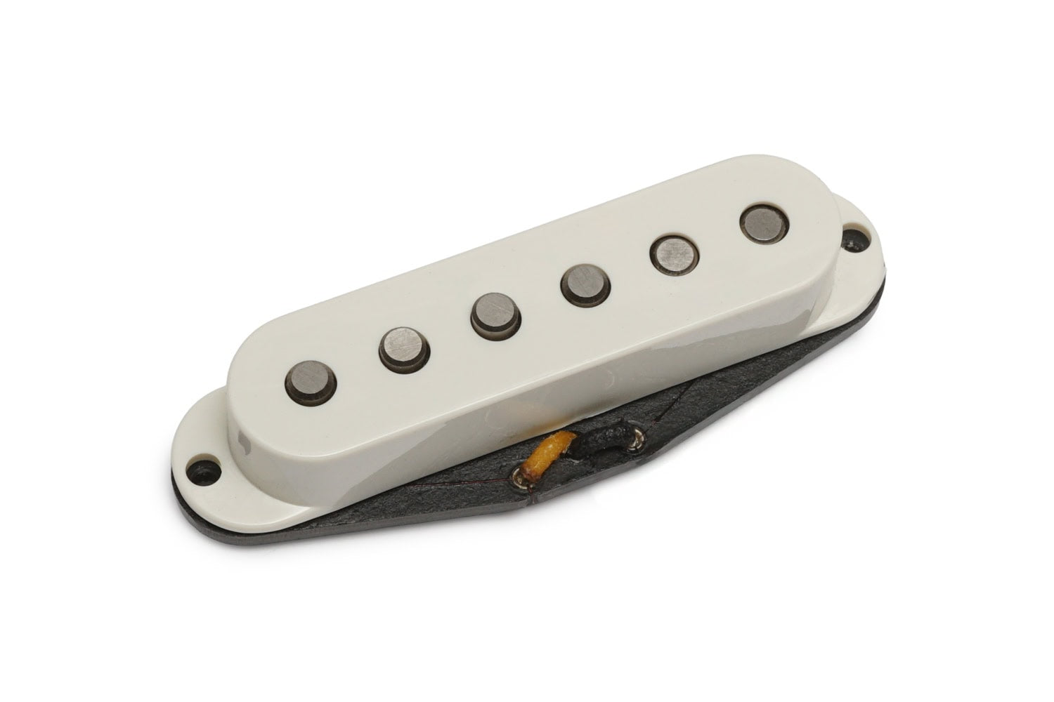 White single-coil electric guitar pickup with six metal pole pieces and attached wiring.