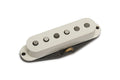 White single-coil electric guitar pickup with six poles and black baseplate on a white background.