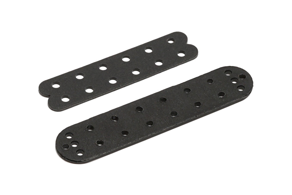 Two black flat metal plates with multiple holes arranged in rows on a white background.