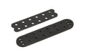 Two black flat metal plates with multiple holes arranged in rows on a white background.