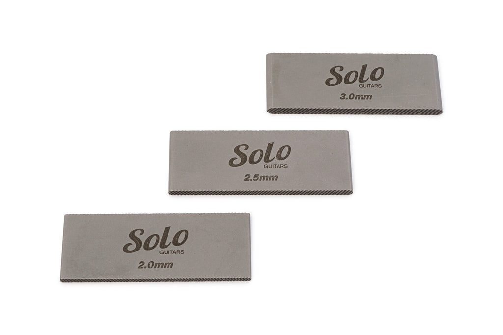 Three rectangular metal files labeled Solo Guitars with sizes 2.0mm, 2.5mm, and 3.0mm.