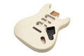 Vintage white guitar body with routed sections and natural wood neck pocket shown from an angled top view.