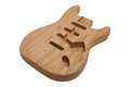 Natural unfinished wooden guitar body with routed cavities for pickups and controls shown on white background.