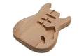Unfinished natural wood electric guitar body with three pickup cavities and control cavity.