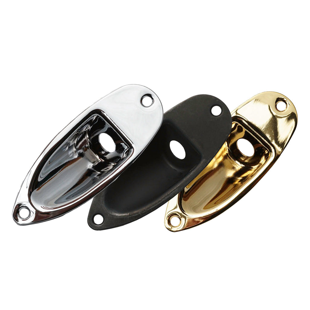 Three metal jack plates in silver, black, and gold colors with mounting holes and jack socket hole.