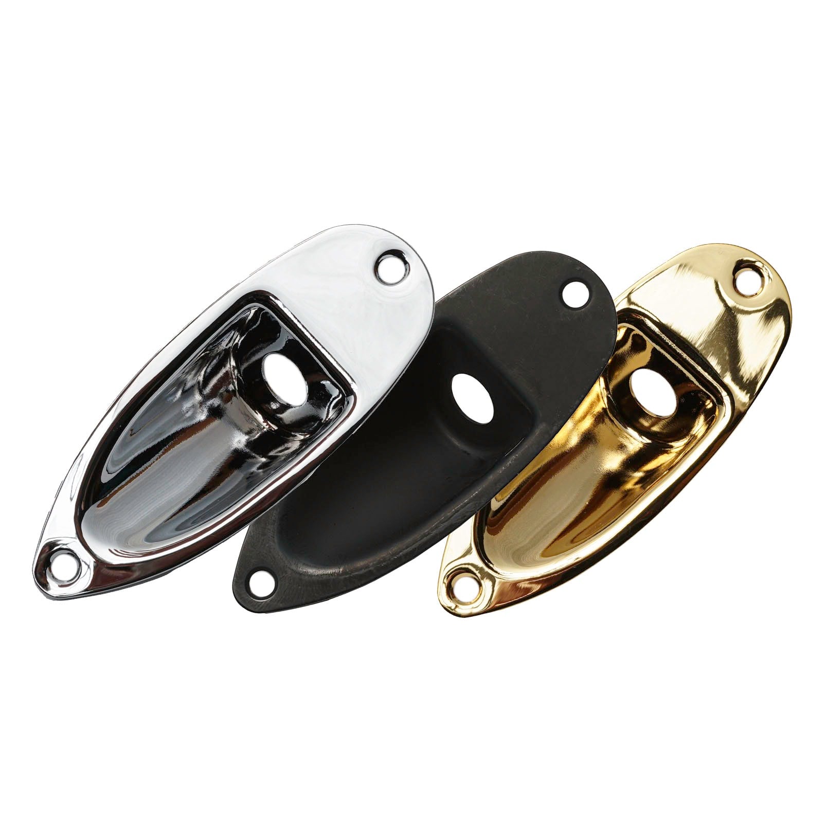 Three metal jack plates in silver, black, and gold colors with mounting holes and jack socket hole.