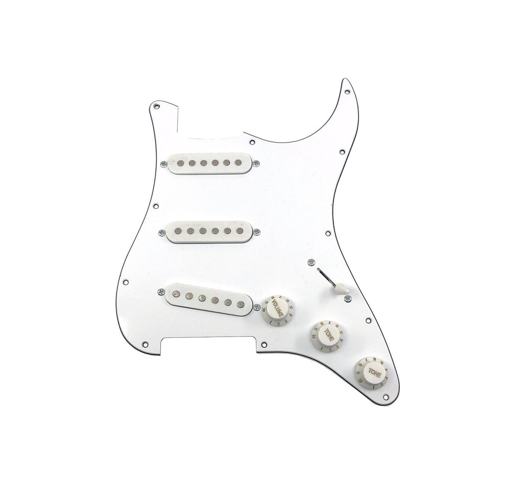 White Strat-style pickguard with three single-coil pickups, three control knobs, and a toggle switch.