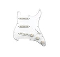 White Strat-style pickguard with three single-coil pickups, three control knobs, and a toggle switch.