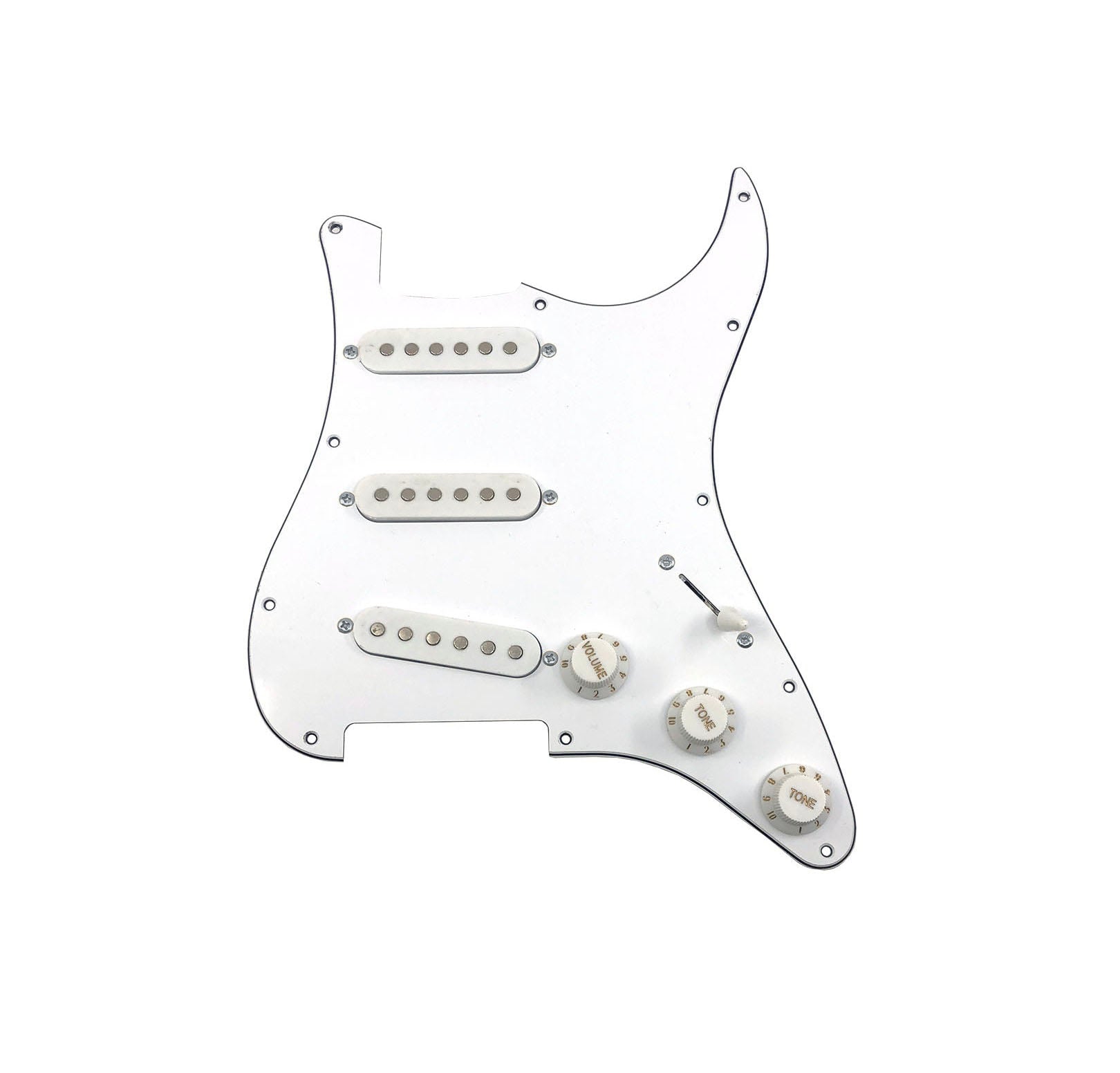 White Strat-style pickguard with three single-coil pickups, three control knobs, and a toggle switch.